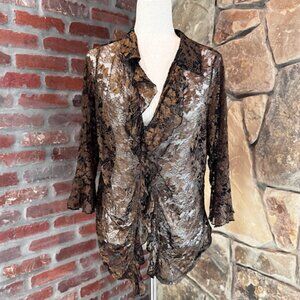 Avenue Lace Bell Sleeve Cardigan Blouse – Black & Gold Metallic – Women’s 18/20